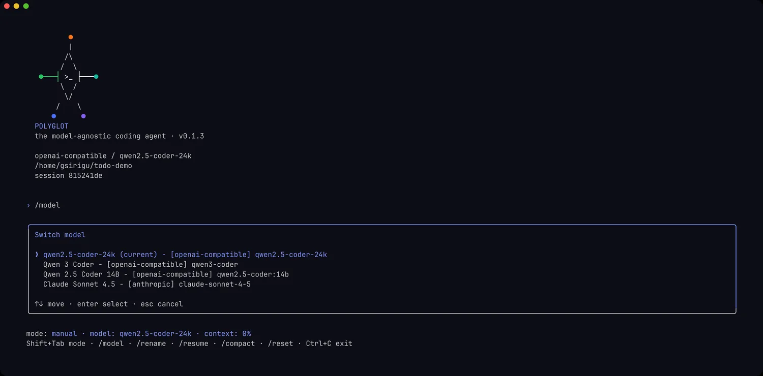Polyglot's model picker listing three local Qwen models and a hosted Claude Sonnet entry together